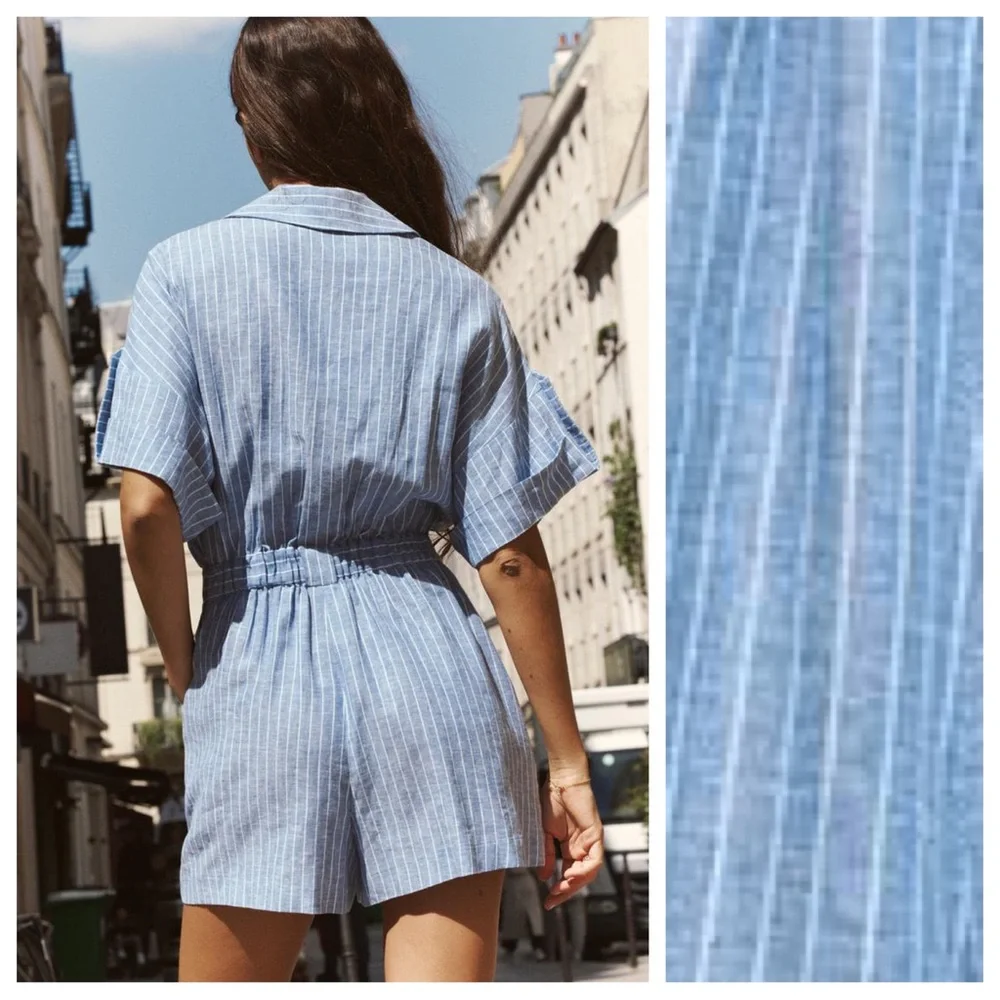 Zara Light Blue Pinstripe Linen Blend Romper